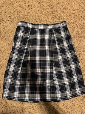 Lands' End Navy and White Plaid Pleated Mini Skirt